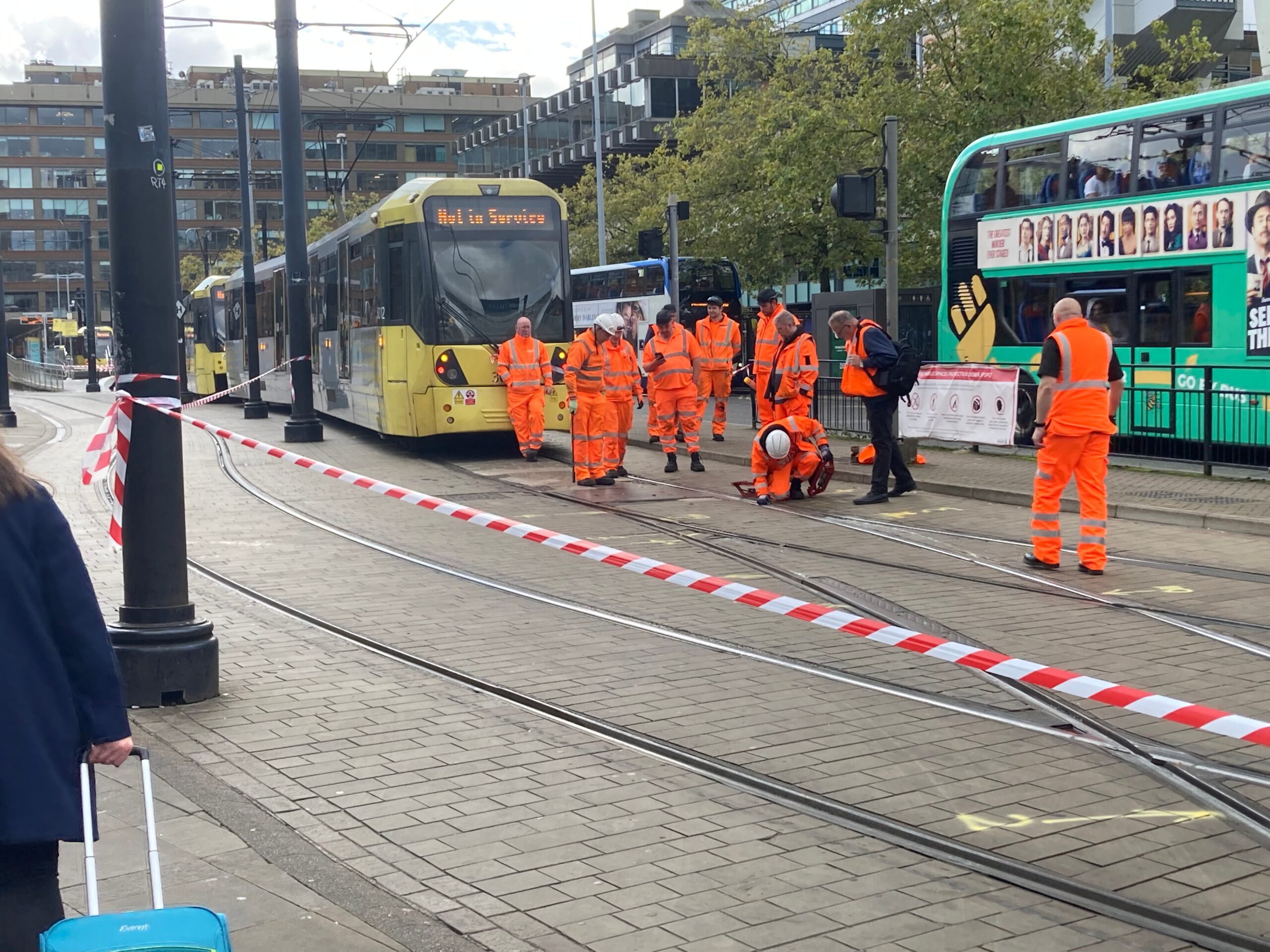 Tram derailed Piccadilly Gardens Manchester